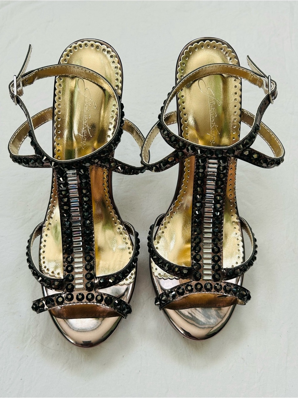 Jonathan Kayne Metallic T-Strap Heels with Black and Transparent Crystal Accents